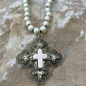 Rustic Elegance Western Boho Festival Stone Cross Necklace, Faux Pearl 32” Stand